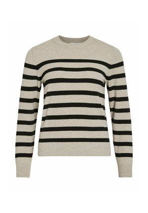 Beżowy sweter z długim rękawem i okrągłym dekoltem, z czarnymi poziomymi paskami na tułowie i rękawach, ze ściągaczami na mankietach i u dołu.