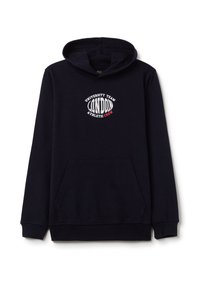 Sudadera con capucha azul marino hecha de algodón, con un bolsillo frontal y el diseño bordado "LONDON UNIVERSITY TEAM ATHLETIC CREW".