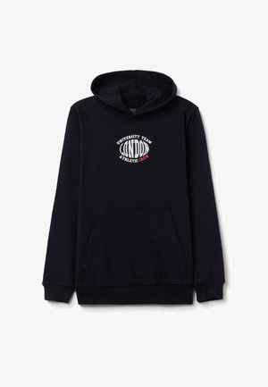 Felpa con cappuccio di colore blu navy realizzata in cotone, con tasca frontale e design ricamato "LONDON UNIVERSITY TEAM ATHLETIC CREW".