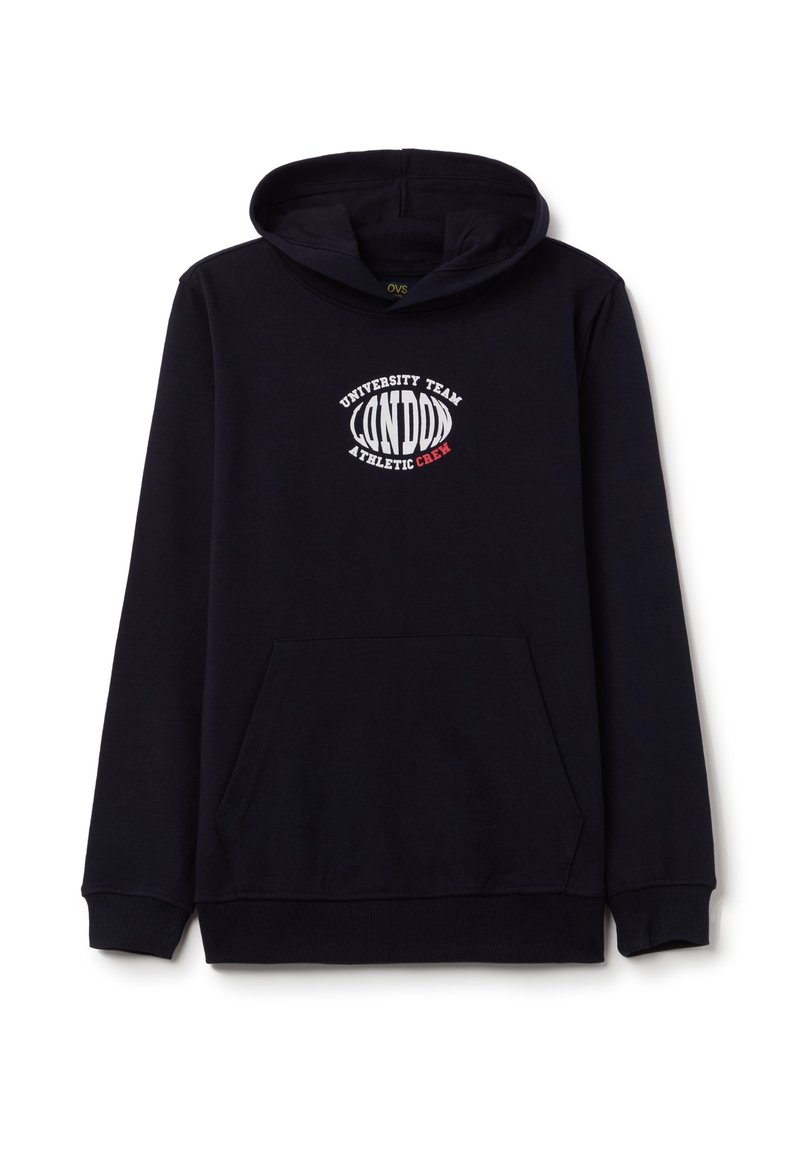 Sudadera con capucha azul marino hecha de algodón, con un bolsillo frontal y el diseño bordado "LONDON UNIVERSITY TEAM ATHLETIC CREW".