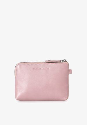 Pink leather zip pouch featuring a small tab, smooth texture, and embossed brand logo on the front, with a silver-toned zipper closure.
