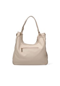 Borsa hobo in pelle beige con una finitura testurizzata, tasca esterna con zip e hardware in tonalità oro. Presenta un'unica tracolla.