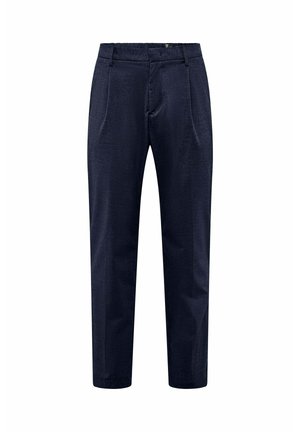 Navyblauwe broek met een gestructureerde stof, voorzien van een recht model, voorplooien en een platte tailleband met riemlussen.