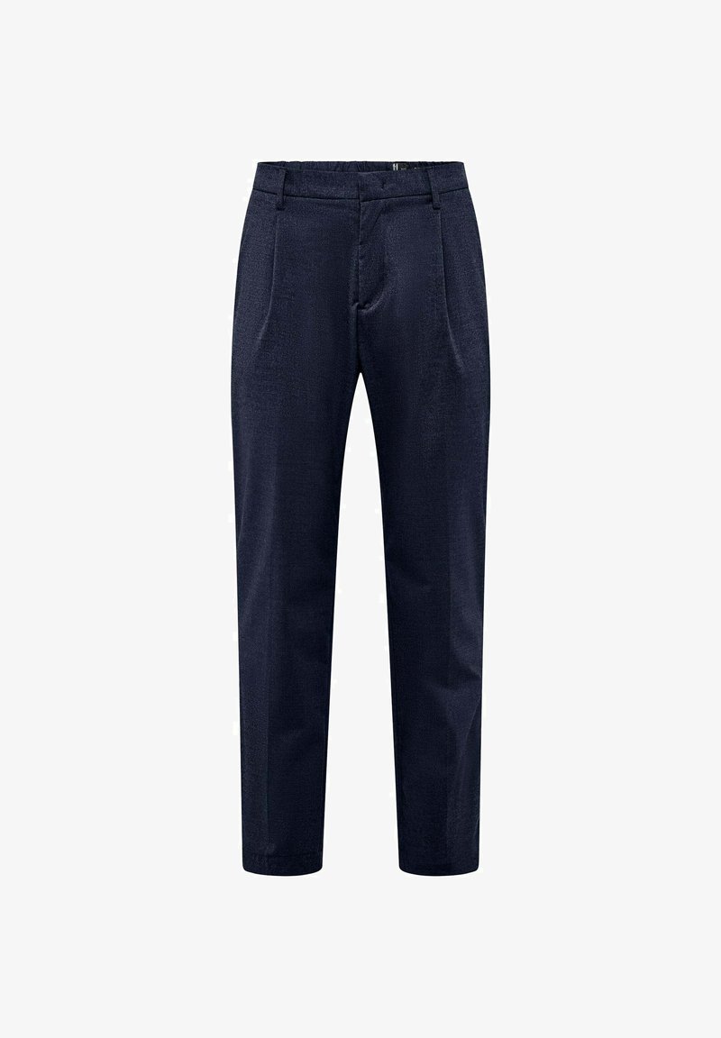 Navyblauwe broek met een gestructureerde stof, voorzien van een recht model, voorplooien en een platte tailleband met riemlussen.