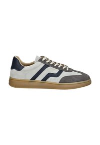 Low-top sneaker in white and gray suede with navy leather accents, white laces, and beige rubber sole, side view.
