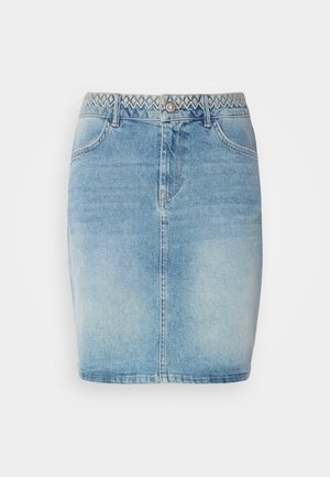 Ljusblå denimkjol med en figurnära design, som har ett dekorativt mönstrat midjeband, framfickor och lätt blekning för extra textur.