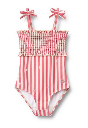Pige badedragt i ét stykke med lyserøde og cremefarvede lodrette striber, smocket overdel, små blomsterprint og skulderstropper med sløjfe.