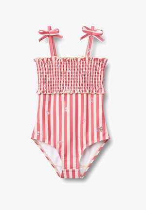 Jednoczęściowy strój kąpielowy dla dziewczynek w różowo-kremowe paski pionowe, z marszczonym gorsetem, drobnymi kwiatowymi wzorami oraz wiązanymi na kokardki ramiączkami.