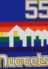 Blue basketball jersey featuring a large yellow "55" and "Nuggets" text. It has horizontal stripes in red, orange, yellow, green, and blue with white mountain silhouettes.