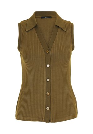 Haut en maille côtelée sans manches de couleur vert olive avec un décolleté en V, comportant cinq boutons et un col.