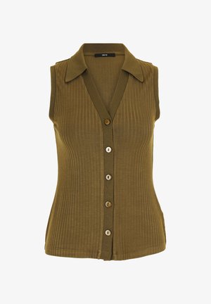 Oleśkowy, bezrękawnik z prążkowanego dzianiny z dekoltem w szpic, z pięcioma guzikami i kołnierzykiem.