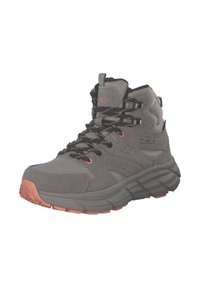 Graue hoch geschnittene Wanderschuhe aus Wildleder und Mesh-Material, mit schwarzen Schnürsenkeln und orangefarbenen Akzenten an der Sohle und der Marke.