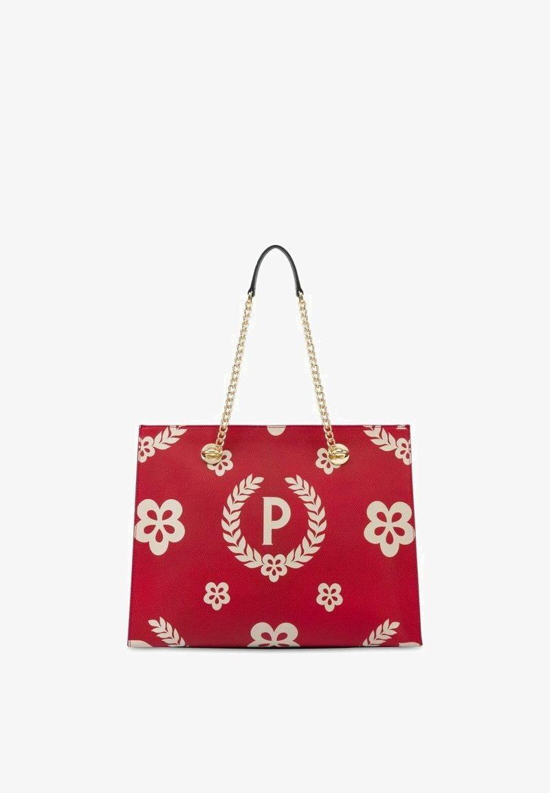 Sac à main rectangulaire rouge avec des motifs floraux crème, un "P" entouré d'une couronne de laurier, et des poignées en chaîne dorée avec une poignée d'épaule en cuir.