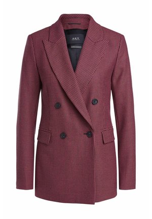 Damesblazer met dubbele rij knopen in roze en zwart pied-de-poule patroon, met inkeping revers en klepzakken.