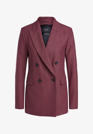 Blazer femme croisé en motif pied-de-poule rose et noir avec revers crantés et poches à rabat.