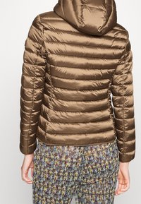 Person, der eine braune gesteppte Kapuzenjacke und eine mehrfarbig gemusterte Hose trägt, von hinten vor einem einfarbigen Hintergrund gezeigt.