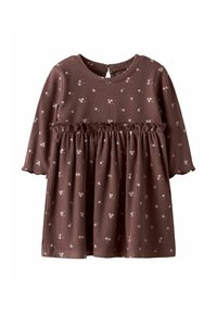 Robe bébé à manches longues en maille côtelée marron avec imprimé floral blanc petit et taille froncée avec un léger détail volanté.