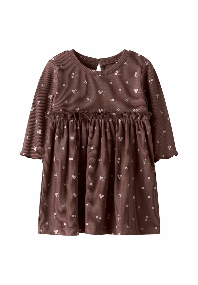 Robe bébé à manches longues en maille côtelée marron avec imprimé floral blanc petit et taille froncée avec un léger détail volanté.