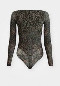 Pitkähihaisissa läpinäkyvässä bodyssa on leopardikuosiset ja korkeat lahkeensuukappaleet, esitelty valkoisella taustalla.