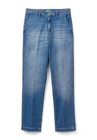 Jean en denim bleu moyen avec fermeture à bouton et à glissière, poches avant, passants de ceinture et légère décoloration sur les cuisses.