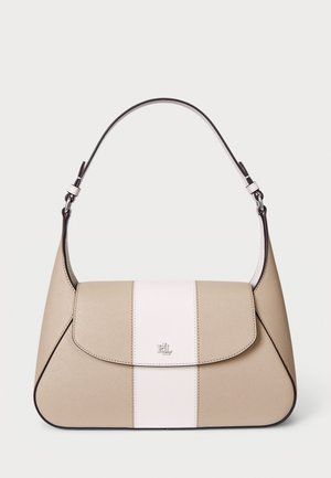 Beige leather handbag with a white stripe, structured shape, flat flap closure, short strap, and silver-toned hardware.