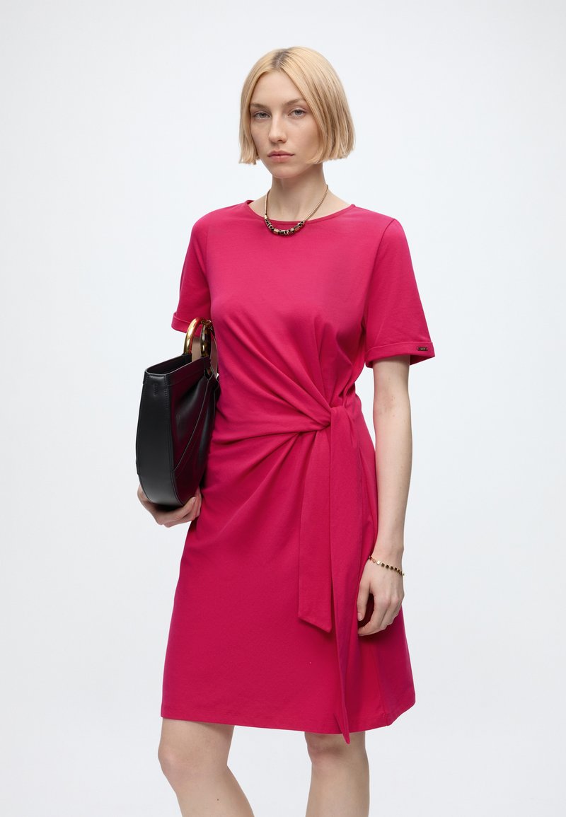 dkny hot pink dress NWT $295 DKNY Stretch Silk Hot Pink Sweetheart Illusion Meshtop Ruffled  Dress P