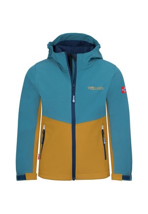 Kinder Outdoor-Kapuzensweatjacke in Blaugrün und Senfgelb mit Reißverschlüssen vorne, Markenlogo auf der Brust und norwegischem Flaggen-Patch am Ärmel.