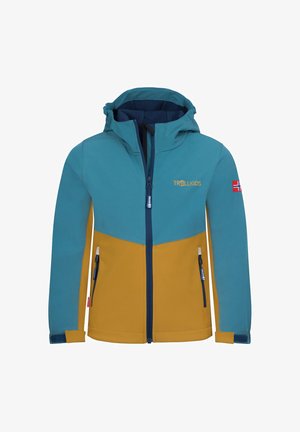 Giacca da esterno con cappuccio per bambini in teal e senape con cerniere frontali, logo del marchio sul petto e toppa con bandiera norvegese sulla manica.