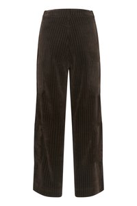 Tmavě hnědé pruhované široké kalhoty z manšestru s texturovaným ribbovým vzorem a elastickým pasem, které mají uvolněný střih a decentní švy.