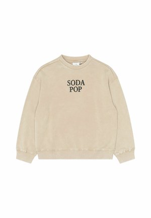 Sweat-shirt beige à col rond avec manches longues et texte noir « SODA POP » centré sur la poitrine.
