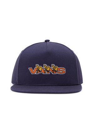 Marineblauwe Vans snapback pet met platte klep en geborduurd logo met drie gele smileys boven oranje letters.