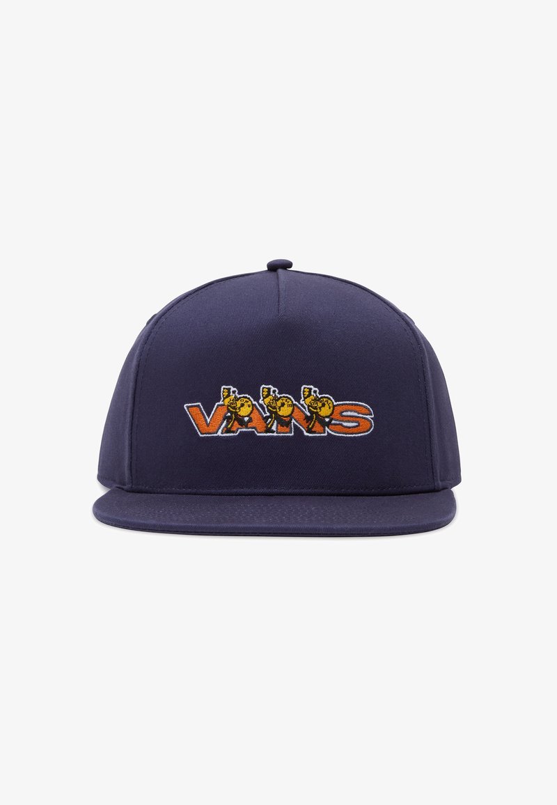 Casquette snapback Vans bleu marine à visière plate avec un logo brodé représentant trois smileys jaunes au-dessus de lettres orange.