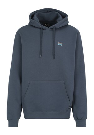 Dunkelblauer Kapuzensweatshirt mit Fronttasche und kleinem besticktem blauen Van mit Gepäck auf dem Dach auf der Brust.