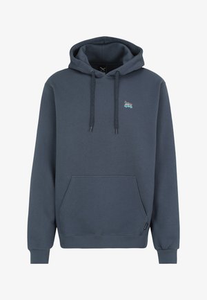 Dark blue hooded sweatshirt with front pouch pocket and small embroidered blue van with luggage on roof on the chest.