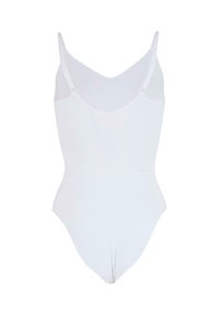 Body bianco a pezzo unico con spalline sottili regolabili e scollatura a U, esposto su uno sfondo bianco semplice.