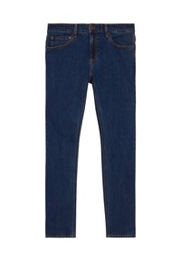 Jeans in denim blu scuro con vestibilità slim, caratterizzati da un classico design a cinque tasche, cuciture gialle a contrasto e chiusura con bottone in vita.