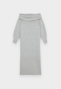 Siva pletena obleka s širokim ovratnikom z odpornimi rameni, nabranimi manšetami in ravno silhueto. Mehka tekstura in srednja dolžina.