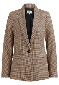 Hnědý a černý blazer s vzorem houndstooth, s jedním knoflíkem, klopami a dvěma předními kapsami; podšívka v černé barvě.