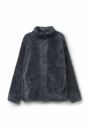 Veste zippée en fausse fourrure gris foncé. Présente un col montant et des manches longues, mettant en avant une surface douce et texturée.