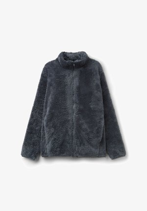 Veste zippée en fausse fourrure gris foncé. Présente un col montant et des manches longues, mettant en avant une surface douce et texturée.