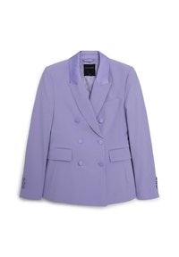 Blazer doppiopetto lavanda con colletto in raso, dotato di due tasche frontali e bottoni rotondi, realizzato in tessuto liscio con una vestibilità sleek.