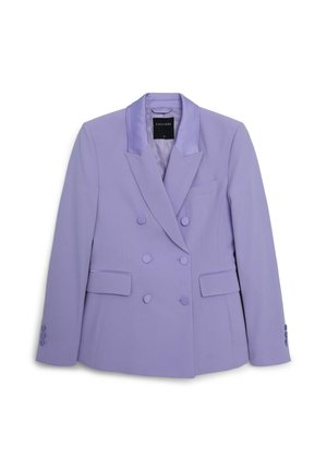 Lavender double-breasted blazer with a satin collar, featuring two front pockets and round buttons, made from smooth fabric with a tailored fit.