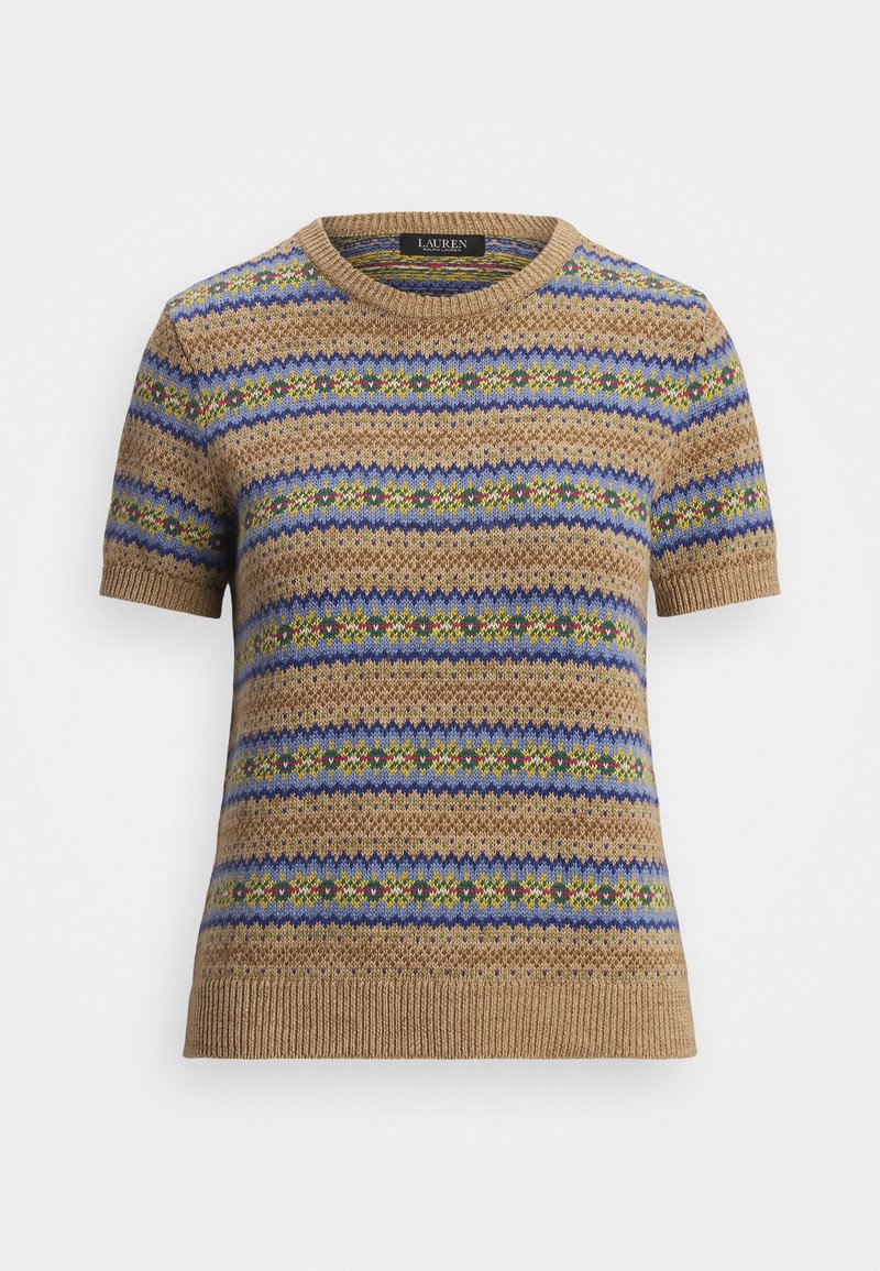 Suéter de punto de manga corta en color marrón con rayas de patrón en azul, verde y amarillo. Cuello y dobladillo acanalados. Textura suave con un diseño entallado.