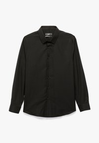 Czarna koszula z długim rękawem, wykonana z gładkiego materiału. Posiada klasyczny kołnierzyk, pełne zapięcie na guziki oraz mankiety na guziki. Prosty i elegancki design.