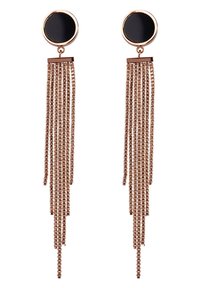 Gold-tone earrings featuring a circular black top and cascading chains, with a textured finish and multiple dangling strands.