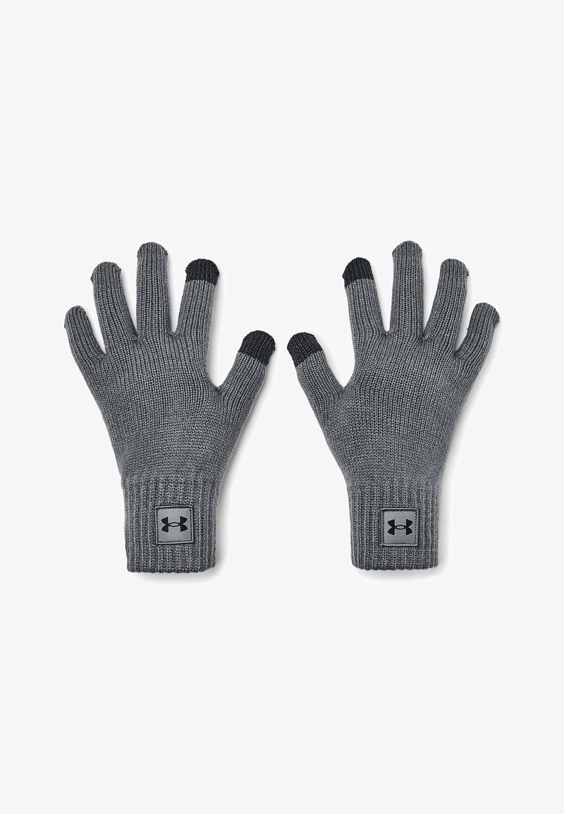 Grey knit gloves with five fingers; black accents on fingertips; ribbed cuff; features a prominent grey brand logo patch on the wrist.