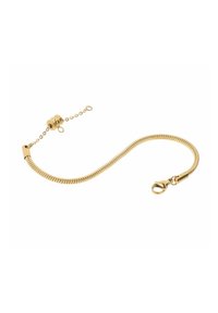 Bracciale in catena di serpente tono oro con chiusura a granchio, caratterizzato da una superficie liscia e testurizzata e una catena di estensione regolabile.