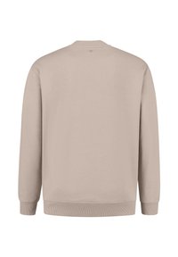 Beige sweatshirt, gemaakt van zachte stof, heeft een ronde halslijn, ribbelmanchetten en -zoom, en een eenvoudige, gladde textuur zonder zichtbare logo's.