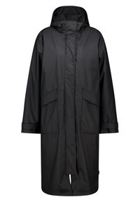 Imperméable noir avec capuche, boutons-pression, cordon de serrage ajustable et deux grandes poches latérales. Présente une coupe décontractée et une longueur jusqu'aux genoux.