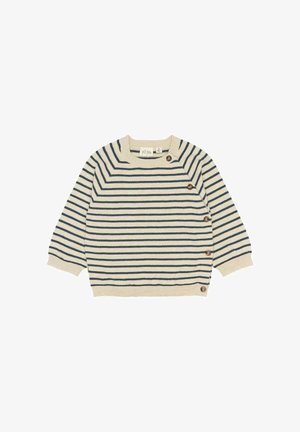 Pruhovaný sveter v krémovej a námorníckej modrej farbe, s okrúhlym výstrihom, raglánovými rukávmi a ozdobnými drevenými gombíkmi na jednej strane. Mäkká textúra.